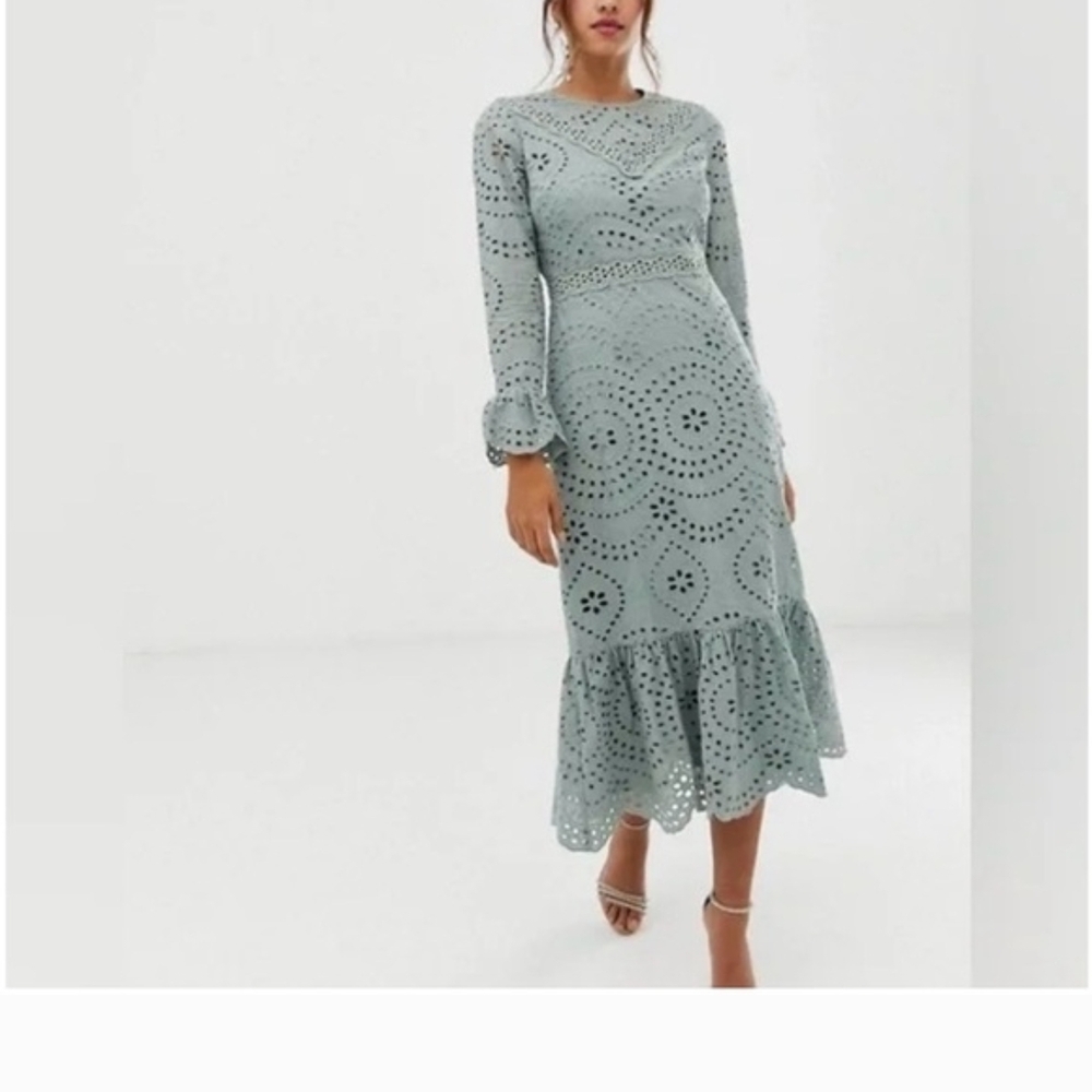 ASOS Sage Eyelet Long-Sleeve Midi Dress